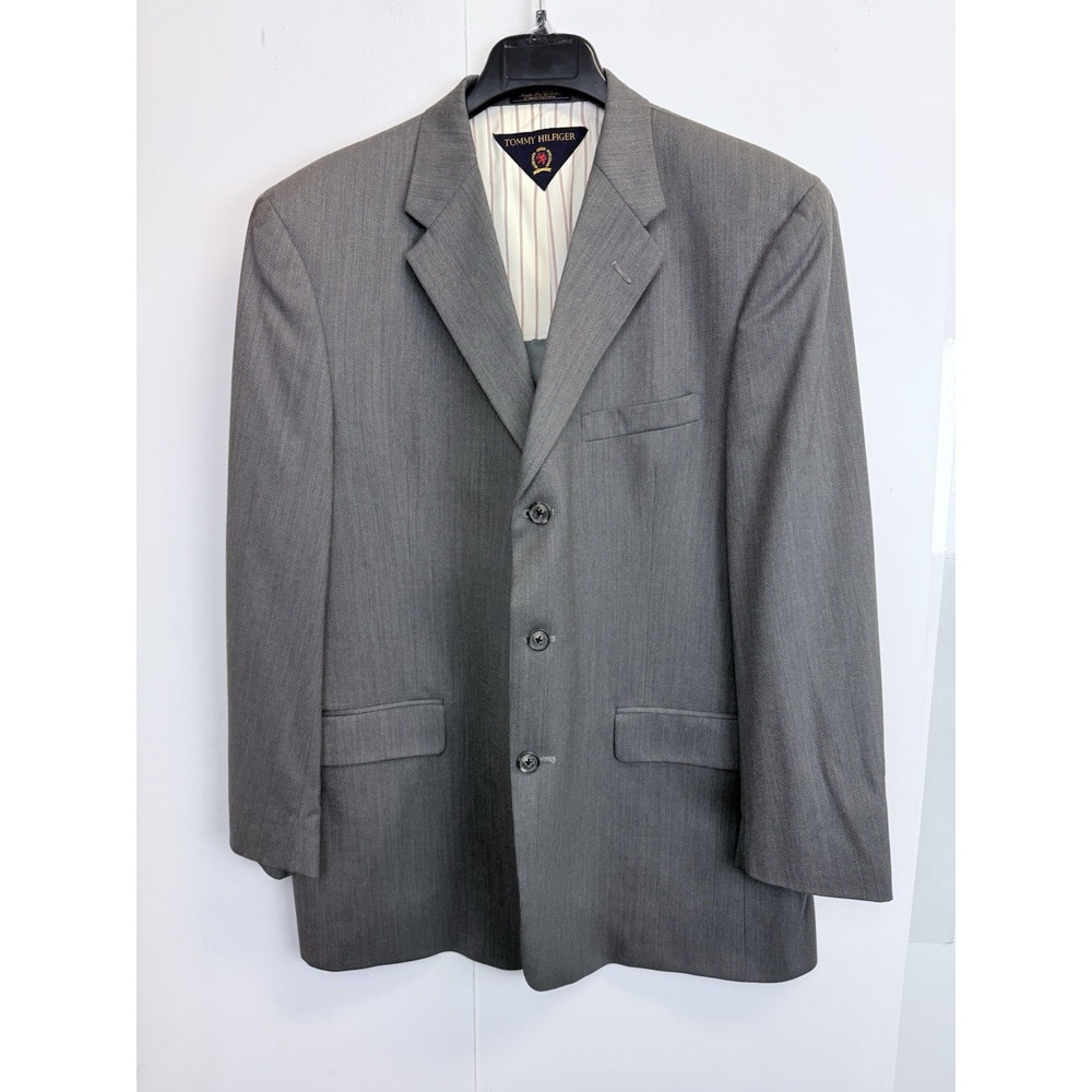 VINTAGE Tommy Hilfiger Jacket Grey‎ Wool Sport Coat Blazer Made in USA Men's 44R